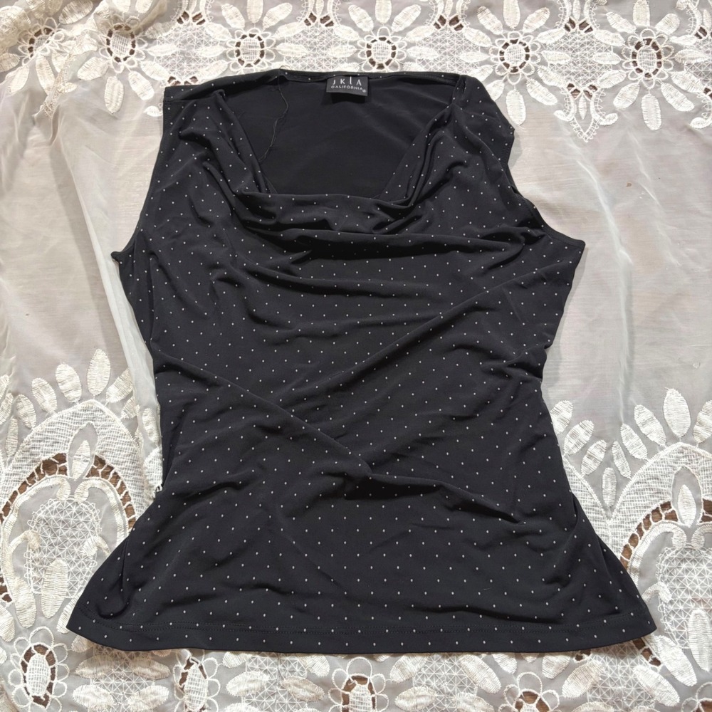 Y2K JKLA California Black Polka Dot Cowl Neck Sleeveless Top Blouse Large